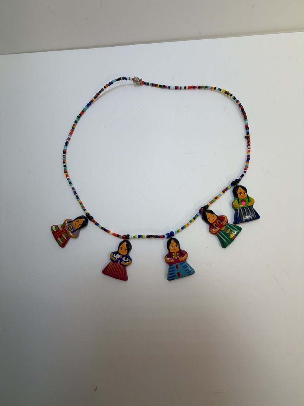 Vintage Hand-Painted Folk Art Doll Pendant Seed‎ Bead Necklace